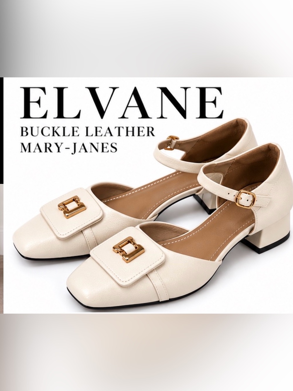 Elvane Buckle Leather Mary Jane Shoes Ivory Square Toe Low Heel 245 US 7.5